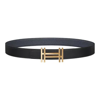 HERMES Fashion Double-Strap Comfortable Gold Buckle Epsom Calfskin Belt Men's Black Width: 3.2cm