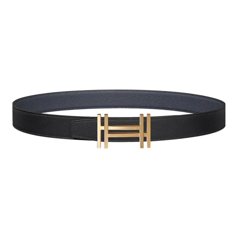 HERMES Fashion Double-Strap Comfortable Gold Buckle Epsom Calfskin Belt Men's Black Width: 3.2cm-0