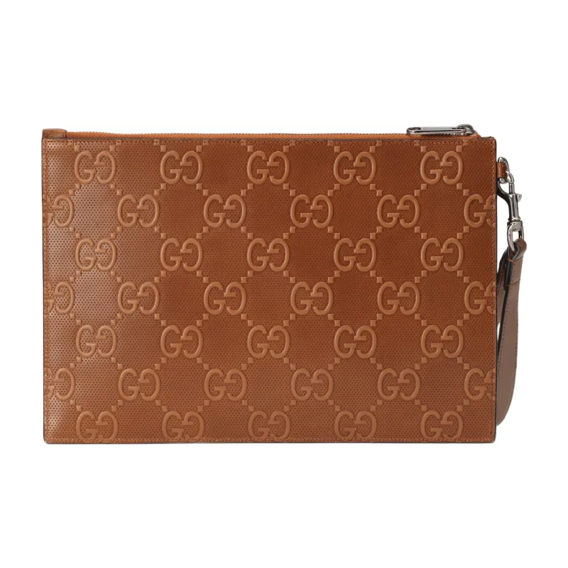 GUCCI Embossed Leather Clutch Men's Brown-1