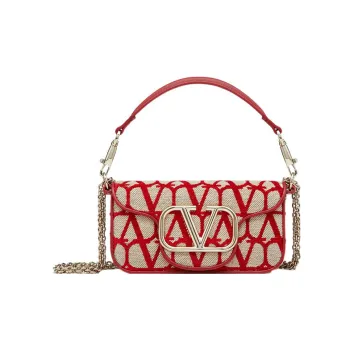 Valentino Locò Calfskin Baguette Bag Shoulder Bag, Crossbody Bag, Handbag Women's Beige/Red
