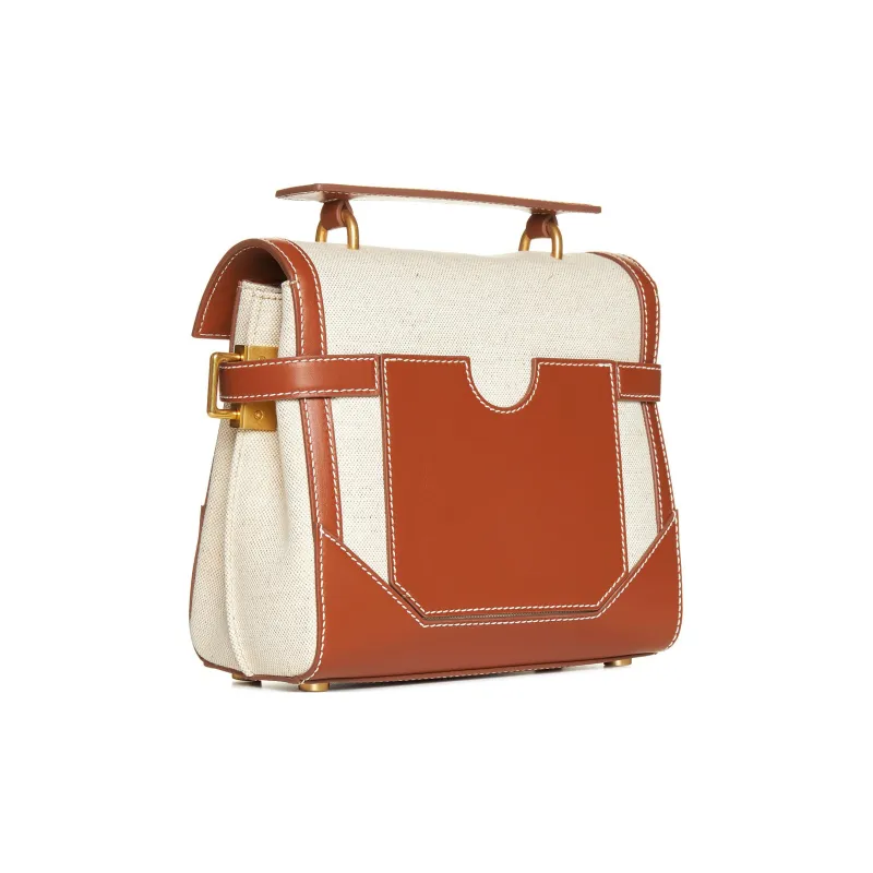 BALMAIN B BUZZ Leather With Cotton And Linen Shoulder Bag, Crossbody Bag, Handbag Women's Beige/Brown-2