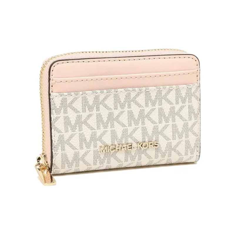 MICHAEL KORS Jet Set Travel Coated Canvas With Leather Wallet Medium Size Women's Vanilla White & Pink-1