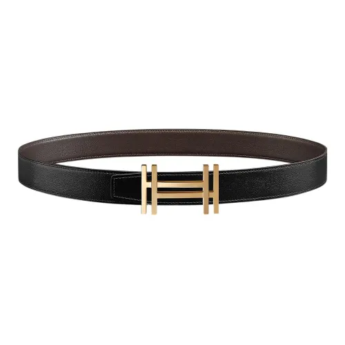 HERMES Individual Elegance Gold Buckle Togo Calfskin Double Sided Leather Belt Men's Black Width  3.2cm