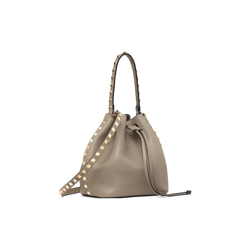 Valentino Rockstud Calfskin Bucket Bag Shoulder Bags Handbags Small Size Women's Gray-1