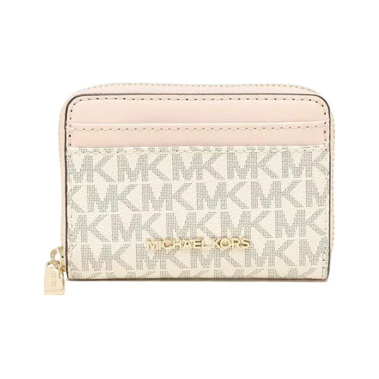 MICHAEL KORS Jet Set Travel Coated Canvas With Leather Wallet Medium Size Women's Vanilla White & Pink-0