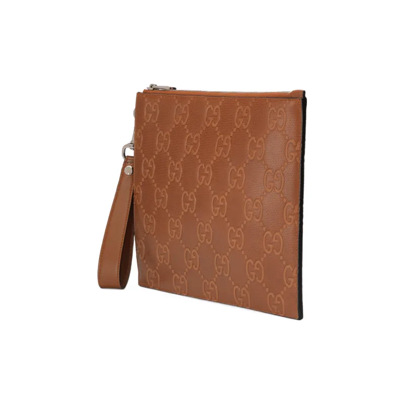 GUCCI Embossed Leather Clutch Men's Brown-2