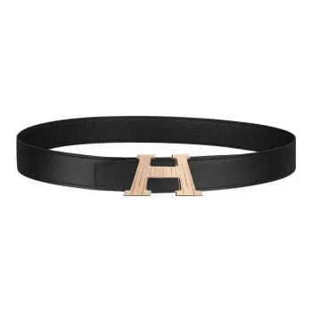HERMES Elegant New Letter Gold Buckle Togo Calfskin Double-Sided Leather Belt Men's Black Width: 3.2cm