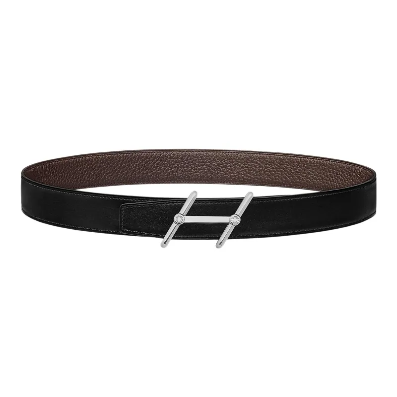HERMES Togo New Sports Silver Buckle Togo Calfskin Belt Men's Black Width 3.2cm-0