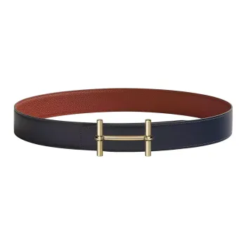 HERMES Casual Gold Buckle Togo Calfskin Double-Sided Leather Belt Men's Marine Blue/Burnt Red Width: 3.8cm