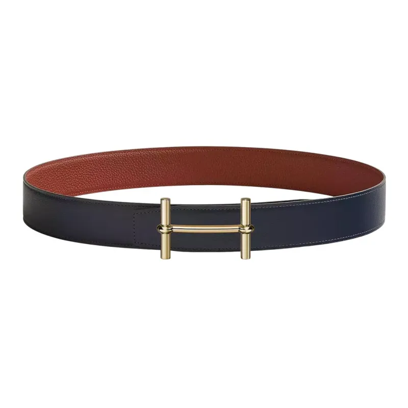 HERMES Togo Casual Gold Buckle Togo Calfskin Double Sided Leather Belt Men's Marine Blue/Ochre Red Width 3.8cm-0