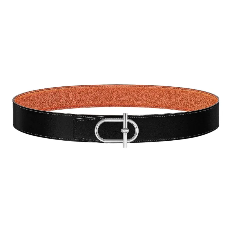 HERMES Togo Vintage Silver Buckle Togo Calfskin Double Sided Leather Belt Men's Black Width 3.8cm-0