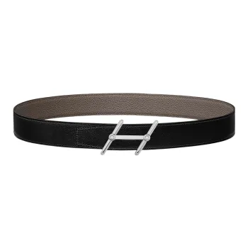 HERMES Minimalist Style Elegance Trendy Silver Buckle Togo Calfskin Double Sided Leather Belt Men's Black Width  3.2cm