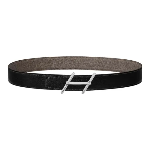 HERMES Minimalist Style Elegance Trendy Silver Buckle Togo Calfskin Double Sided Leather Belt Men's Black Width  3.2cm
