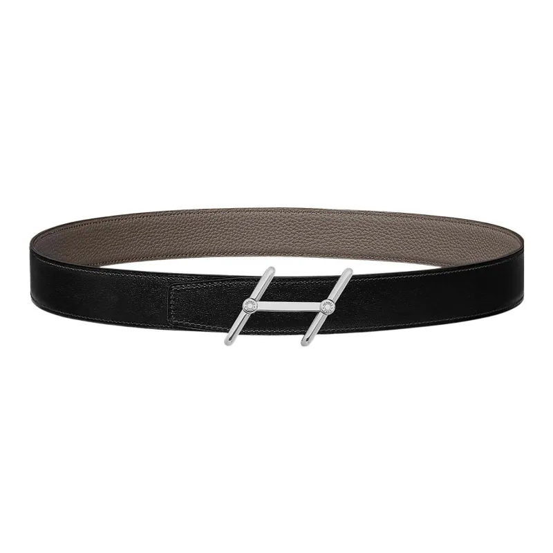 HERMES Minimalist Style Elegance Trendy Silver Buckle Togo Calfskin Double-Sided Leather Belt Men's Black Width: 3.2cm-0