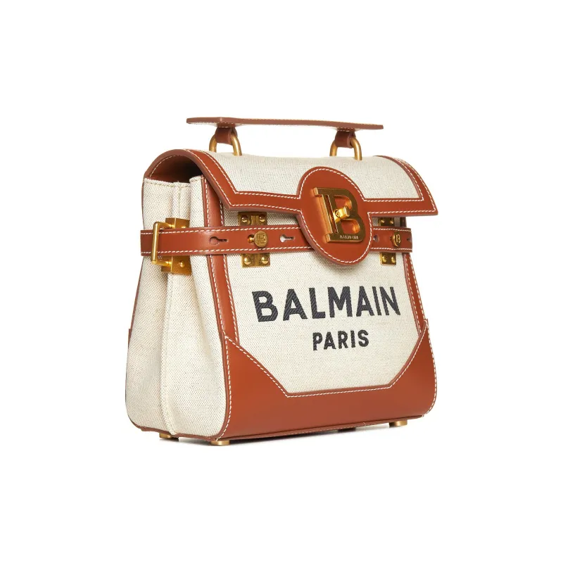 BALMAIN B BUZZ Leather With Cotton And Linen Shoulder Bag, Crossbody Bag, Handbag Women's Beige/Brown-1