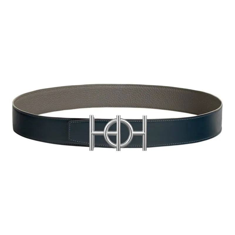 HERMES Togo Fashion Versatile Vintage Silver Buckle Togo Calfskin Double Sided Leather Belt Men's Dark Blue Width 3.8cm-0