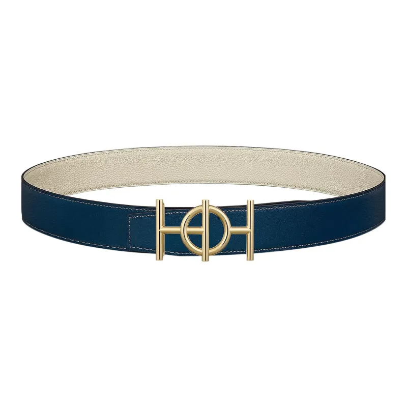 HERMES Togo Fashion Minimalist Style Vintage Gold Buckle Togo Calfskin Double Sided Leather Belt Men's Blue Width 3.8cm-0