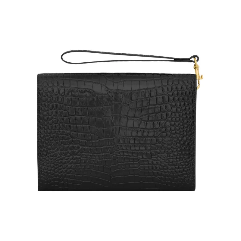 SAINT LAURENT CASSANDRE Crocodile Pattern Shiny Cow Leather Envelope Bag, Clutch Regular Women's Black-2