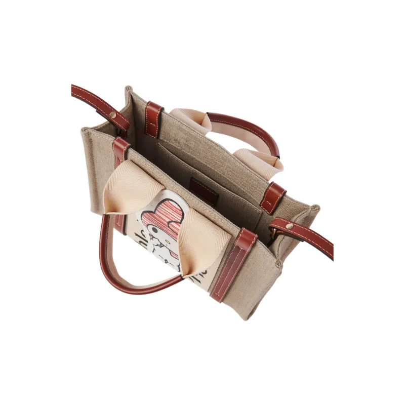 Chloe Woody Fabric With Calfskin Tote Bag Single Shoulder Crossbody Handbag Small Size Women's Beige-3