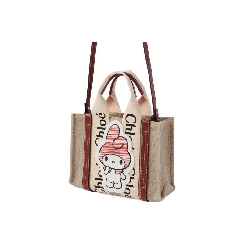Chloe Woody Fabric With Calfskin Tote Bag Single Shoulder Crossbody Handbag Small Size Women's Beige-1