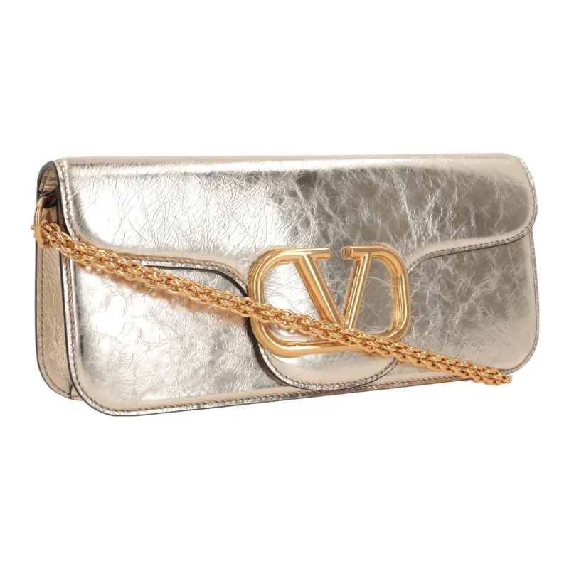 Valentino Locò Calfskin Shoulder Bag Crossbody Bag Handbag Small Size Women's Platinum-3