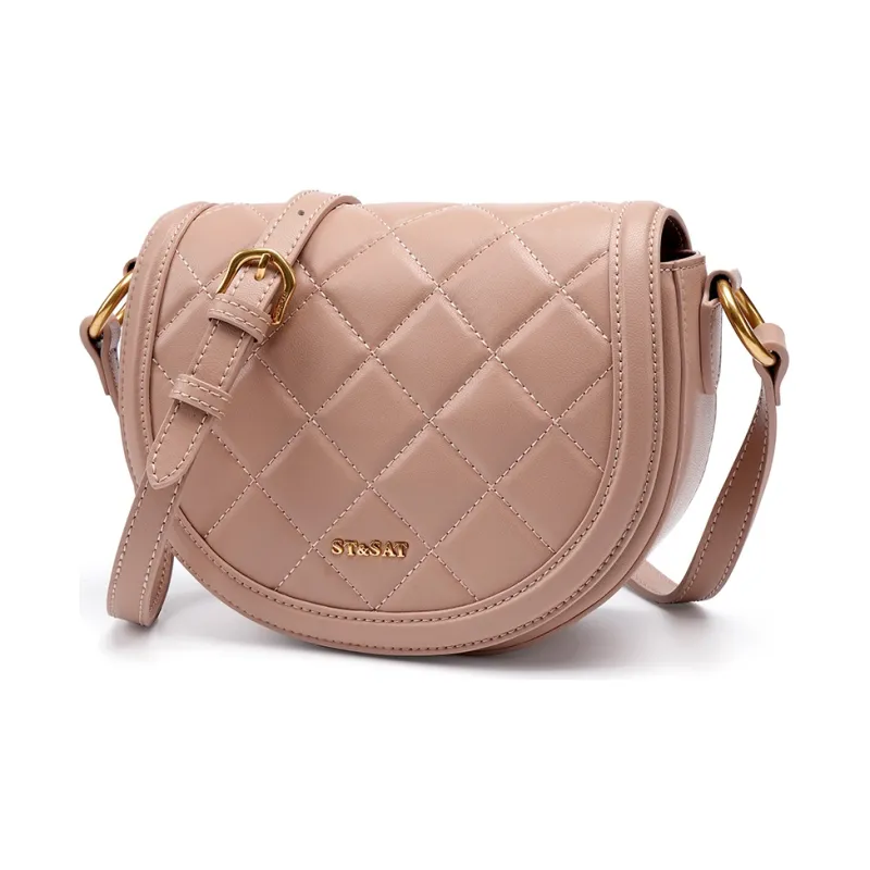 ST&SAT Cow Leather Patchwork Synthetic Leather Saddle Bag Shoulder Bag Crossbody Bag Large Size Women's Pink-1