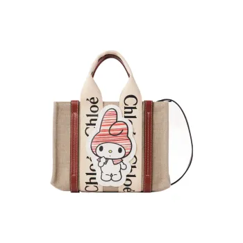 Chloe Woody Fabric With Calfskin Tote Bag Single Shoulder Crossbody Handbag Small Size Women's Beige