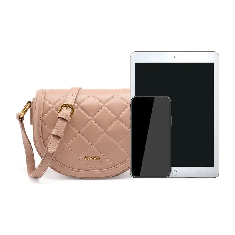 ST&SAT Cow Leather Patchwork Synthetic Leather Saddle Bag Shoulder Bag Crossbody Bag Large Size Women's Pink-3