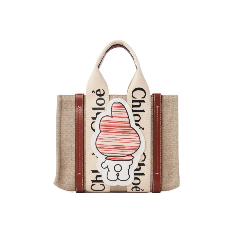 Chloe Woody Fabric With Calfskin Tote Bag Single Shoulder Crossbody Handbag Small Size Women's Beige-2