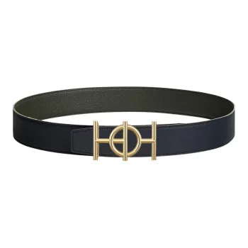 HERMES Togo Vintage Gold Buckle Togo Calfskin Double Sided Leather Belt Men's Black Width 3.8cm