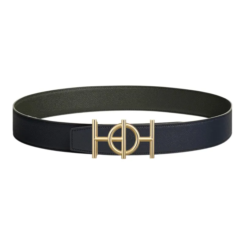 HERMES Togo Vintage Gold Buckle Togo Calfskin Double Sided Leather Belt Men's Black Width 3.8cm-0