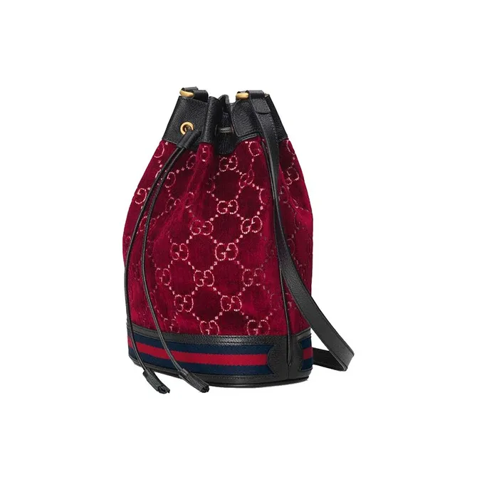 GUCCI Ophidia Velvet Patchwork Leather Bucket Bags Crossbody Bag Shoulder Bag Women's Red-1