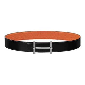HERMES Business Comfortable Silver Buckle Togo Calfskin Double Sided Leather Belt Men's Black/Orange Width 3.8CM