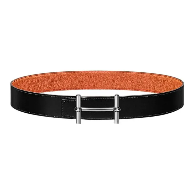 HERMES Business Comfortable Silver Buckle Togo Calfskin Double Sided Leather Belt Men's Black/Orange Width 3.8CM-0