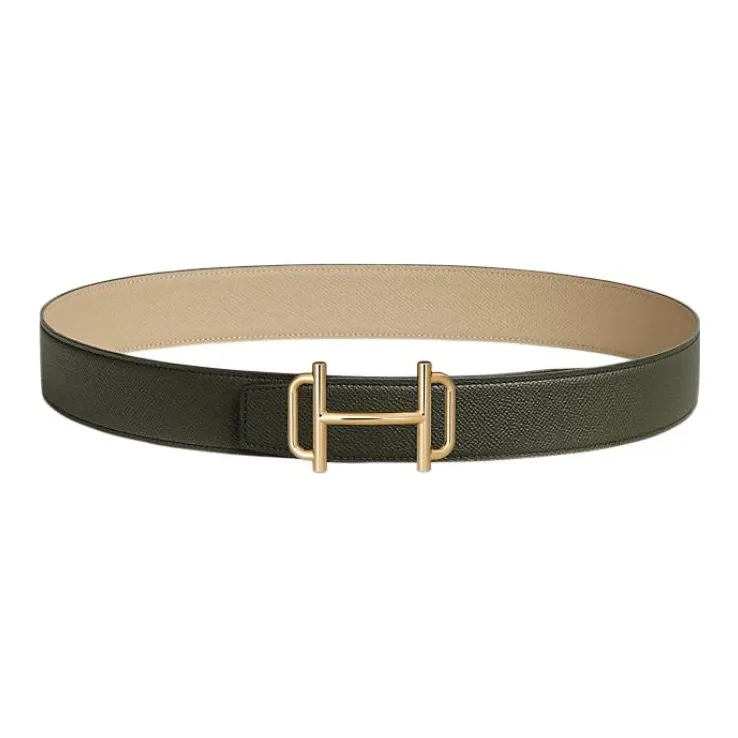 HERMES Avant-Garde Gold Buckle Epsom Calfskin Double-Sided Leather Belt Men's Gray Green/Windbreaker Beige Width: 3.8cm-0