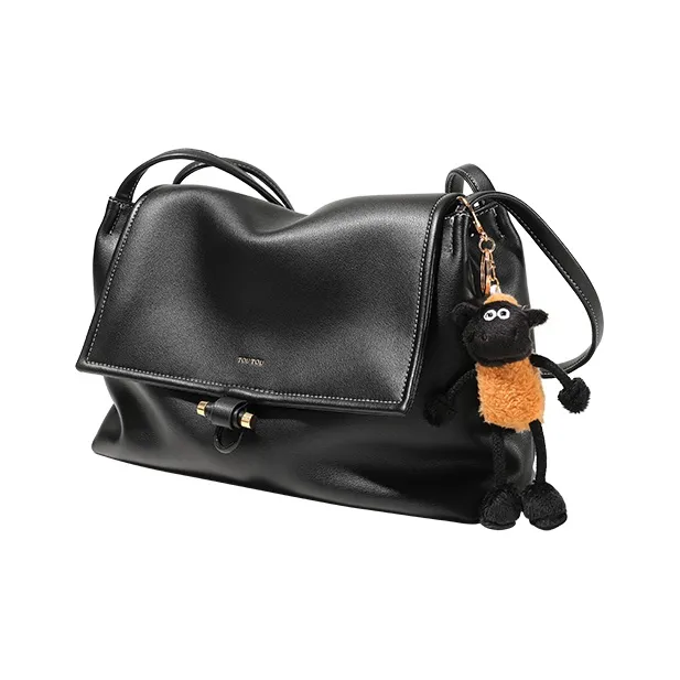 TOUTOU Cow Leather Shoulder Bag Large Size Women's Oreo Black-1
