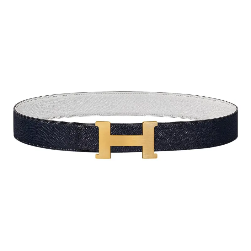 HERMES Matte Constance Gold Buckle Togo Calfskin Double-Sided Leather Belt Men's Indigo/White Width: 3.8cm-0