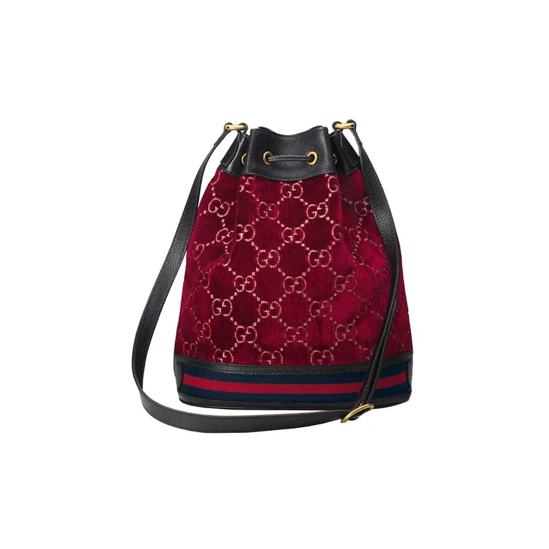 GUCCI Ophidia Velvet Patchwork Leather Bucket Bags Crossbody Bag Shoulder Bag Women's Red-3
