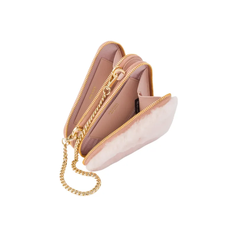 PRADA Shearling Bonded Leather One Shoulder Crossbody Clutches Mini Women's Pink-3