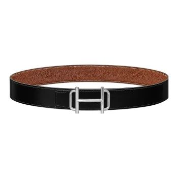 HERMES Business Silver Buckle Togo Calfskin Double Sided Leather Belt Men's Black/Brown Width  3.8cm