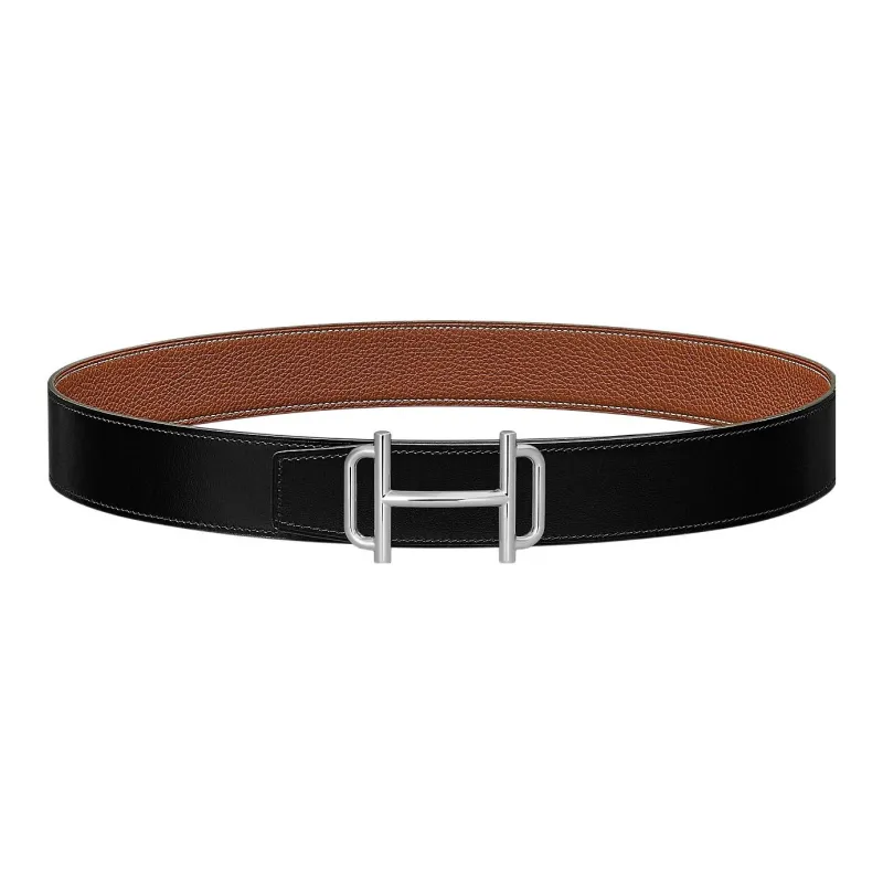 HERMES Royal Business Silver Buckle Togo Calfskin Double Sided Leather Belt Men's Black/Brown Width 3.8cm-0