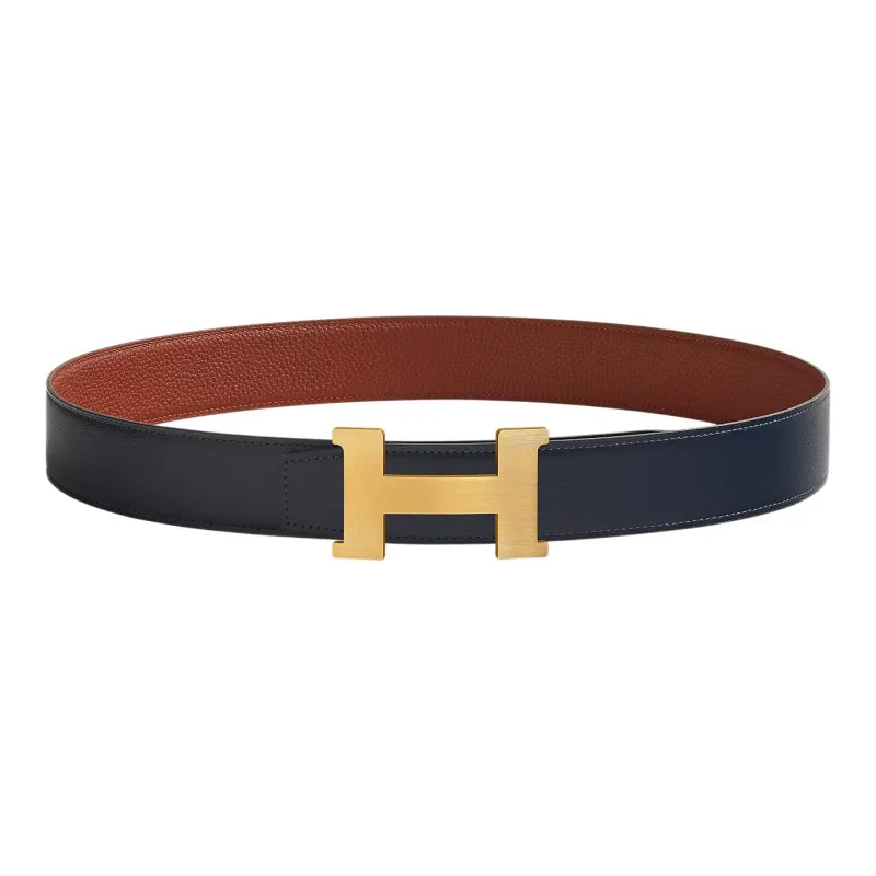 HERMES Matte Light Gold Buckle Togo Calfskin Double-Sided Leather Belt Men's Marine Blue/Burnt Red Width: 3.8cm-0