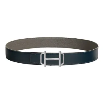 HERMES Royal Business High End Silver Buckle Togo Calfskin Double Sided Leather Belt Men's Blue Width 3.8cm