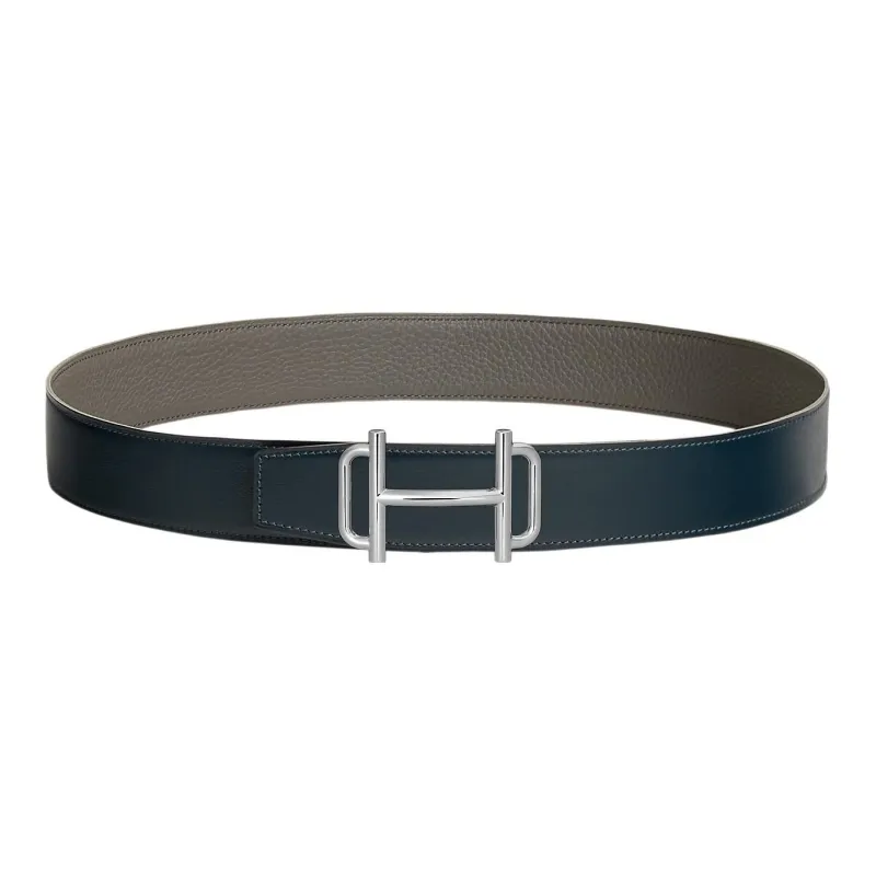 HERMES Royal Business High End Silver Buckle Togo Calfskin Double Sided Leather Belt Men's Blue Width 3.8cm-0