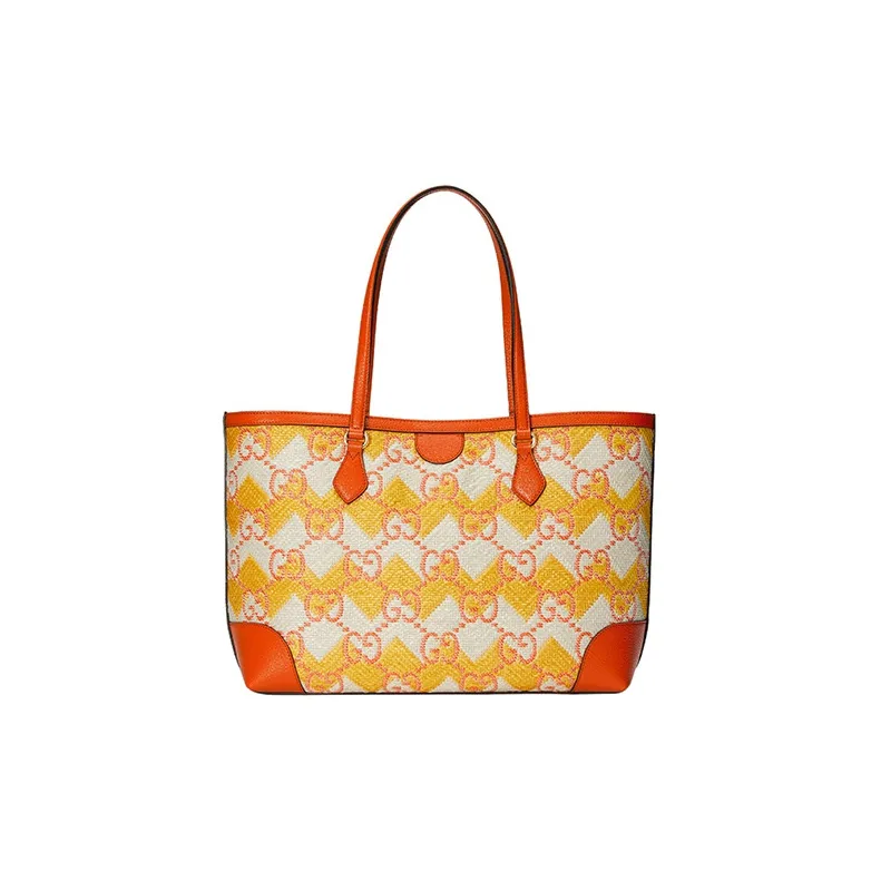 GUCCI Straw With Leather Trim Tote Bag Shopping Bag Shoulder Bag Handbag Women's Yellow/Orange-3