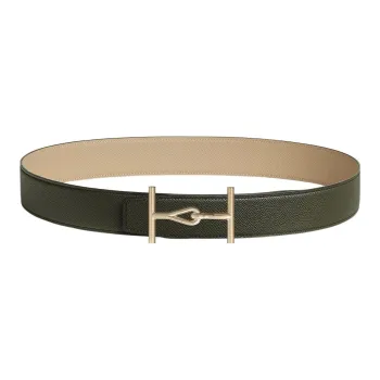 HERMES Cow Leather Leather Belts Men's Gray Green/Windbreaker Beige Width: 3.8cm