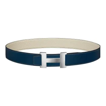 HERMES Classic Logo Silver Buckle Togo Calfskin Double-Sided Leather Belt Men's Prussian Blue/Chalk White Width: 3.8cm