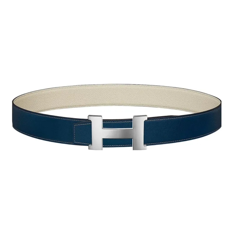 HERMES Classic Logo Silver Buckle Togo Calfskin Double-Sided Leather Belt Men's Prussian Blue/Chalk White Width: 3.8cm-0