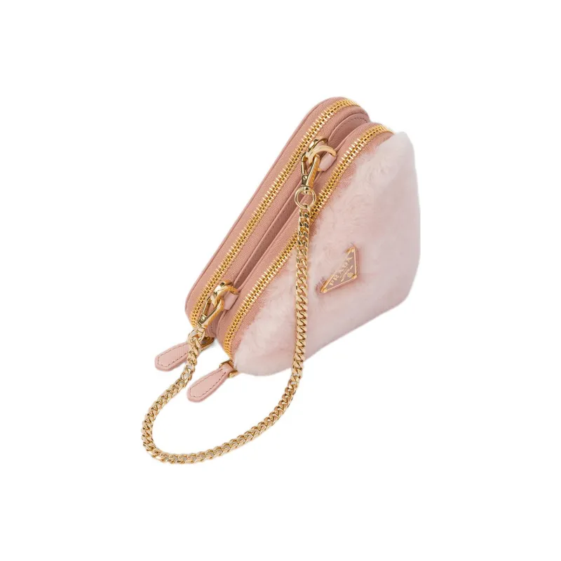 PRADA Shearling Bonded Leather One Shoulder Crossbody Clutches Mini Women's Pink-1