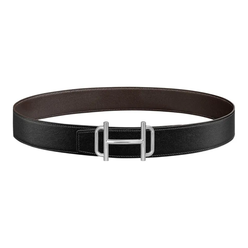 HERMES Royal Street Silver Buckle Togo Calfskin Double Sided Leather Belt Men's Black/Ebony Width 3.8cm-0